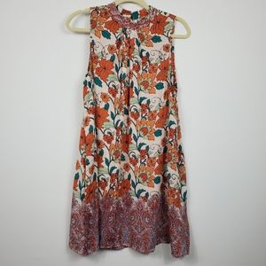 Ecote Orange Green Floral Sleeveless Dress Women's Summer Dress